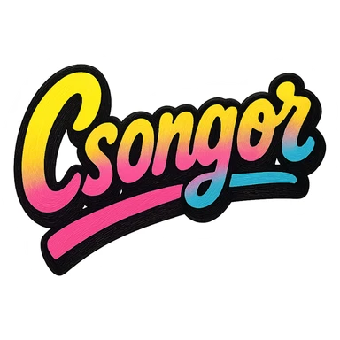 The name 'Csongor' in a modern, colorful gradient font with a dark outline, dynamic, slanted or partial underline, in the style of reference patterns. sticker
