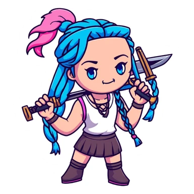 Jinx from League of Legends with long blue braids, pink eyes, and weapons sticker