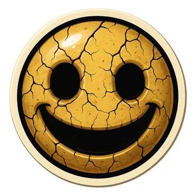 creepy emoji with cracks, empty eyes and wide smile, retro stickers style, sharp black outlines, clear shadows and highlights, no gradients sticker