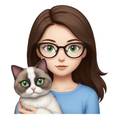 O data cu parul saten ,ochii griji-albastrii ,ochelari și codițe de pisica ..și langa o pisicuță alba pufoasa ,cu ochii verzi și o a doua pisica siameza pufoasa cu capul maro -negru și coada ,restul corpului un maro deschis spre alb  , ochii albaștrii sticker