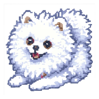 Make the white Pomeranian much fluffier and cuter in pixel art style, with no background. Preserve the pixel art aesthetic and enhance fluffiness and cuteness. sticker