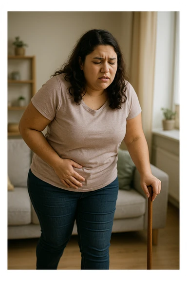 Donna con problemi difficoltà nella deambulazione a causa della sua PCOS, immagine realistica sticker