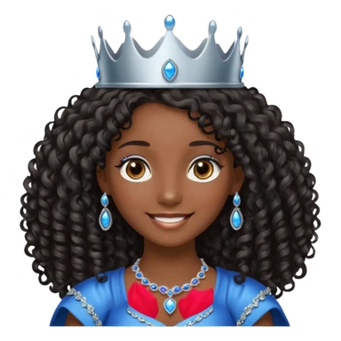 Por favor hazme el emoji de la princesa pero morena con el pelo negro y rizado y largo, los ojos marrones y la corona plateada con jollas azules sticker
