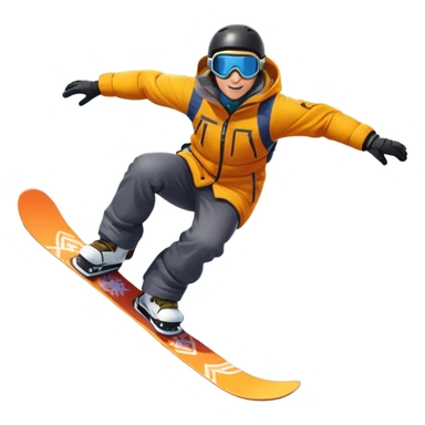 An icon showing a snowboarder performing an exciting jump on a snow-covered slope. The background features towering mountains, snow-covered trees, and a bright, clear sky. Transparent background highlights the speed, agility, and thrill of snowboarding. sticker