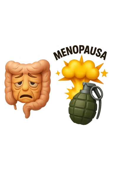 EMOJI STILE IPHONE 3D DI INTESTINO ANZIANO CON RUGHE SFINITO CON ESPRESSIONE STANCA, ACCANTO A LUI SCOPPIA UNA GRANATA 3D CON LA SCRITTA "MENOPAUSA" SOPRA sticker