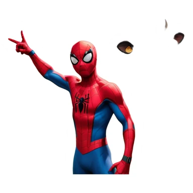 "A highly detailed and realistic Spider-Man standing in a rural farm setting with cows in the background. He has an exaggerated, cartoonishly wide grin, showing big white teeth, and is making a playful gesture by pointing to his head. The scene is bright and colorful, with a mix of realism and surreal humor, giving the image a funny and slightly eerie vibe sticker