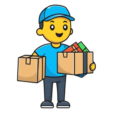 A cheerful character with delivery boxes and a clipboard, representing a reliable supplier sticker