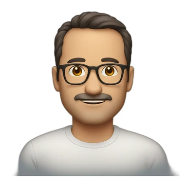 Handsome 50 year old man with dark brown hair and brown glasses. No facial hair. Wearing a shirt sticker