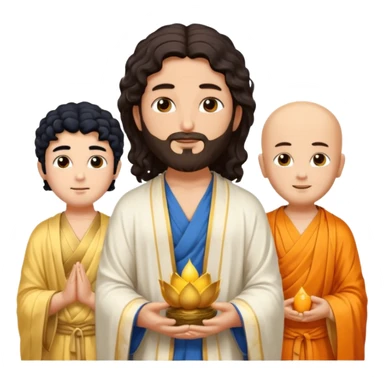 Create a Jesus, Krishna, and Buddha standing together. Jesus: long wavy dark-brown hair, short beard, wearing a simple white robe. 

 sticker