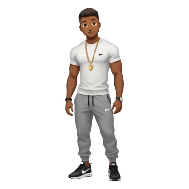 Handsome Black guy with brown skin tone, with muscular build, wearing black sweatpants, a white t-shirt, black Nike air max, a small chain, and a watch  sticker