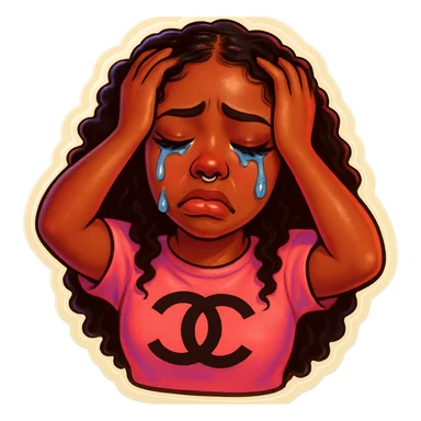 Crying Tears rolling down face 
Mouth Pout
hands on head 
pink chanel shirt 
head down
 sticker