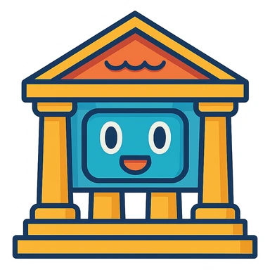 cartoon Greek temple with a friendly robot face sticker