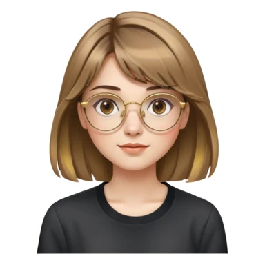 young adult woman with fair skin, round face with soft cheeks, light brown hair with golden highlights, voluminous and straight with slight waves, long bangs over eyebrows, large octagonal gold metal frame glasses, dark casual shirt, friendly and creative expression sticker
