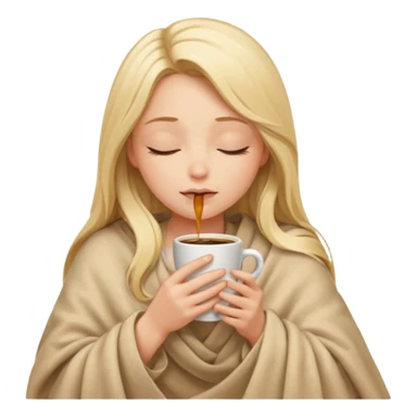 Blonde girl long hair inside a beige blanket sipping coffee eyes closed sticker