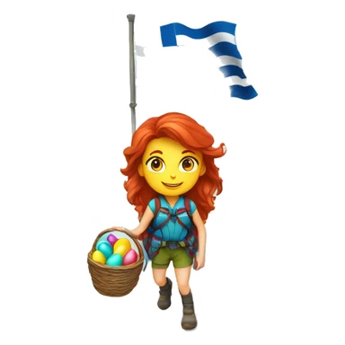 Female mountain climber red hair climbing with Greek flag on backpack and holding Easter eggs basket sticker