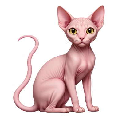 cinematic-[sphynx cat]-realistic-full-body-sitting-emoji,-tail-curled-playfully-around-its-paws,-head-tilted-dramatically,-sleek-[pink]-skin,-simplified-yet-realistic-focused-features,-highly-detailed,-glowing-with-an-almost-sarcastic-glow sticker