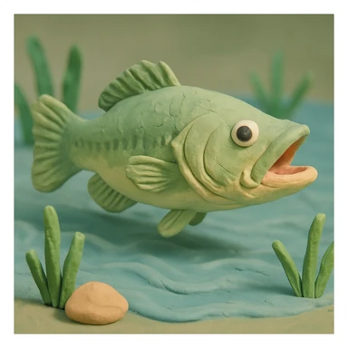 largemouth bass swimming in a pond, visible fingerprints, pastel colors, claymation style sticker