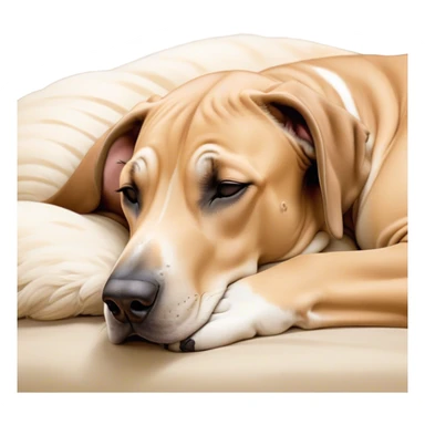 Meme-Worthy Cute Sleeping Fawn Great Dane Portrait Emoji, Head resting peacefully with a contented smile, showcasing a delightfully solid build and a luxuriously soft fawn Fur, eyes shut in a serene nap, Simplified yet hilariously adorable features, highly detailed, glowing with a soft, drowsy light, high shine, relaxed and utterly lovable, stylized with an air of playful laziness, bright and heartwarming, soft glowing outline, capturing the essence of a comically sleepy guardian, so meme-worthy it feels like it could instantly become the next viral sensation of adorable slumber! sticker