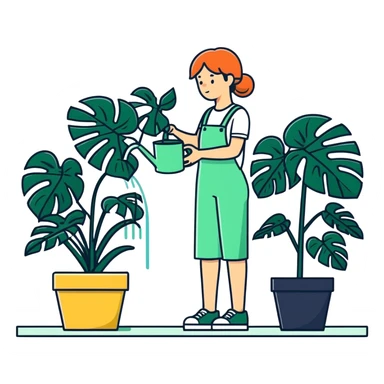woman watering her monstera plant sticker