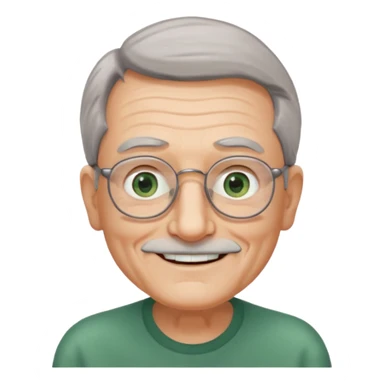 Old man with receding hair, grey hair only on the sides, green eyes, rectangular reading glasses, rounded clear face, with a smile sticker