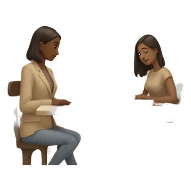 A girl at a table with a laptop. A a cup of coffee on the left side of the table. Books on the right side of the table. in beige tones sticker