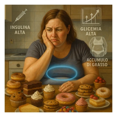 realistic surreal symbolism; woman about 38 years old, slightly overweight, sitting tired at kitchen table with sugary foods; frustrated expression; blue halo around abdomen (metabolic dysfunction); transparent icons: high insulin, rising blood sugar (graph with upward arrows), fat accumulation on abdomen and hips; writings in Italian sticker