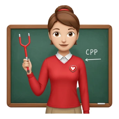 very Happy Teacher, female, brown hair up, wearing a red long sleeve top holding a pointer stick to a white board with a CPR logo. sticker
