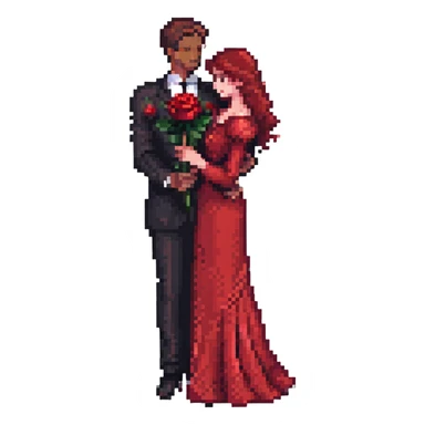 pixel art of a Spanish tango couple, man in black suit with red rose, woman in red dress, close embrace, dramatic pose, vibrant and cute, emoji size sticker