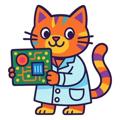 playful and colorful cat in a lab coat holding a circuit board sticker