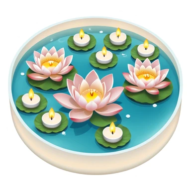 A pool with lotus flowers and tea lights floating on water sticker