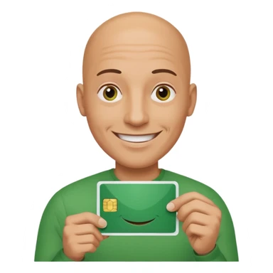 Bald man smiling with huge lips hold a green card  sticker