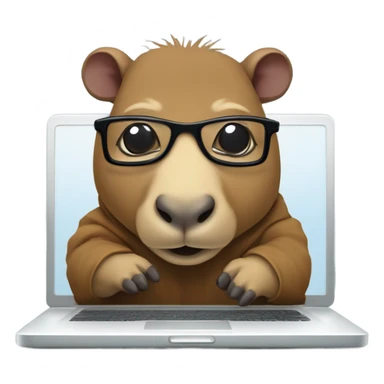 Nerdy cute capybara with its distinct large dark snout, big eyes, with glasses wearing a hoodie and coding on a laptop  sticker