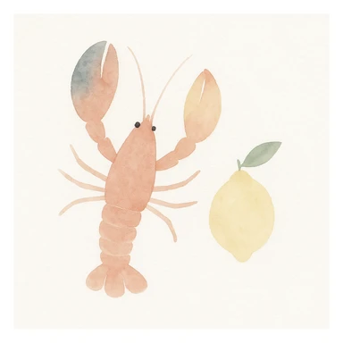 a lobster and a lemon together, watercolor style sticker