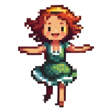 Cheerful beach character dancing on sand with ocean waves and sun, highlighted sticker