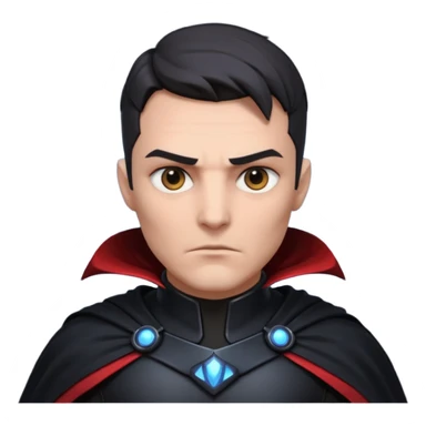 dark sci-fi villain portrait, head and shoulders only, black armor, cape collar, intense eyes, dramatic lighting, 3D cartoon, mobile game icon, clean background, no text
 sticker
