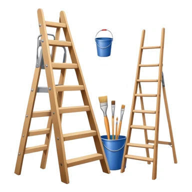 Wall painting icon, wall with an unfinished painting, no frame, a beautiful mural in progress, visible paintbrushes, rollers, and a bucket of paint, wooden ladder beside, minimalistic style, clean lines, transparent background. sticker