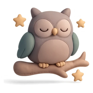 sleepy owl on a tree branch with stars, muted night palette, soft pastel colors, transparent background, cushion style sticker