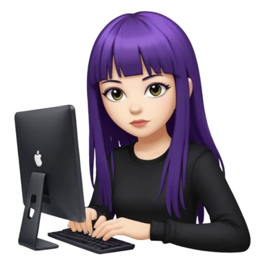 lilac girl with long hair and bangs worker and acessories with a pc worten the clothes black like an alternative sticker