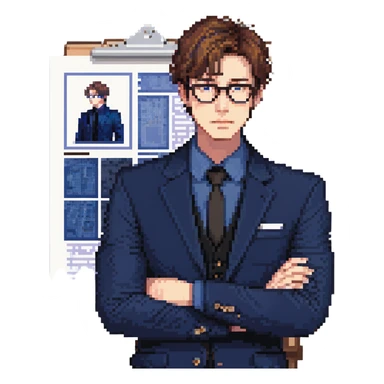 Flat pixel art, focused and reserved male architect, short sleek brown hair, wearing glasses, intense sharp eyes, wearing a deep indigo suit jacket over a black shirt, holding a blue print, waist-up, front-facing sticker