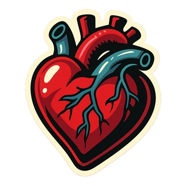 creepy heart, retro stickers style, sharp black outlines, expressive shadows and highlights, no gradients, only sharp color transitions sticker