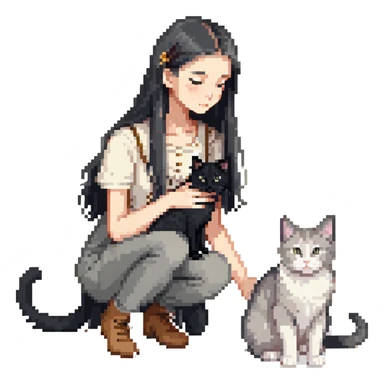 Beautiful girl with long black hair petting a gray and blonde mixed cat sticker