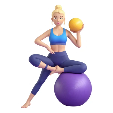 Yellow-skinned girl with high ponytail wearing blue sports bra and navy yoga pants doing yoga with a large exercise ball sticker