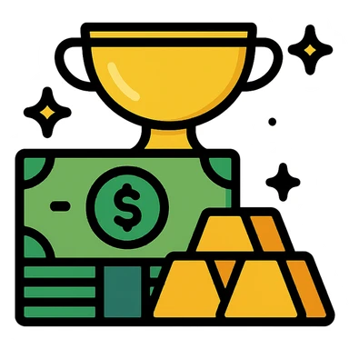 prize pool, stack of cash and gold bars, shiny, modern icon sticker