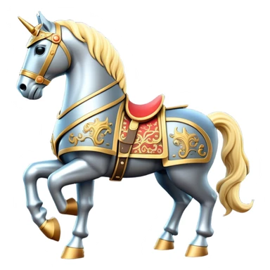 Clash of Clans aesthetic: Cinematic Playful Armored Horse Emoji, rendered in a 3D vector-style similar to standard emojis with minimal shading and bold, simplified shapes. A compact, isometric warhorse outfitted in intricately detailed armor with noble accents, softly glowing with a gallant medieval carriage charm. Simplified yet unmistakably iconic, highly detailed and consistent, glowing with a soft radiant shine and high polish. Stylized with a touch of heroic elegance and a soft glowing outline, capturing the essence of a noble steed ready for battle with a friendly, playful air! sticker