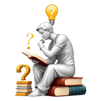 An icon featuring a thinker statue, a scroll, and a question mark, symbolizing philosophy. The design includes books, a lightbulb, and abstract symbols representing deep thought and wisdom. Transparent background highlights the study of ideas, logic, and existential questions sticker