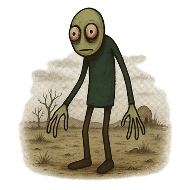 Salad Fingers character, standing in a desolate landscape, odd proportions, unsettling vibe sticker