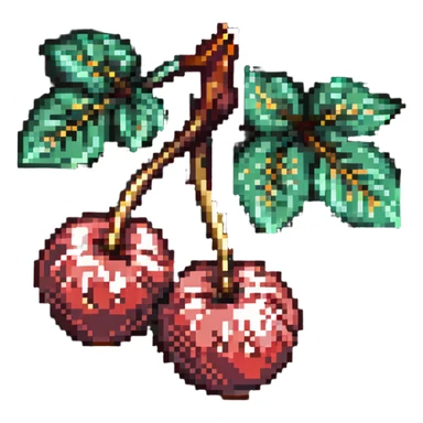Two cherries with golden stems connected, paired with dark green leaves sticker