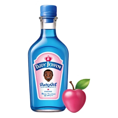 bottle of oil blue top pink outside with logo that says Diddy Party oil Johnson and Johnson  brand with a smiling berry on top sticker