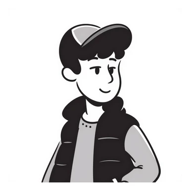 A guy in a hat, black hoodie, and a puffer vest sticker