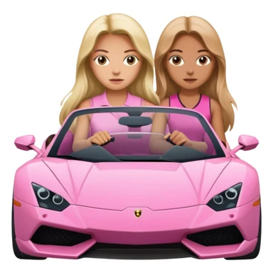 Make car far away so I can see full car Car facing forward in sports car. Make hair long  two girls in car far away Front of car sitting in the seats. Make it a pink sports car. They are two baddies make it a Lamborghini pink car  sticker